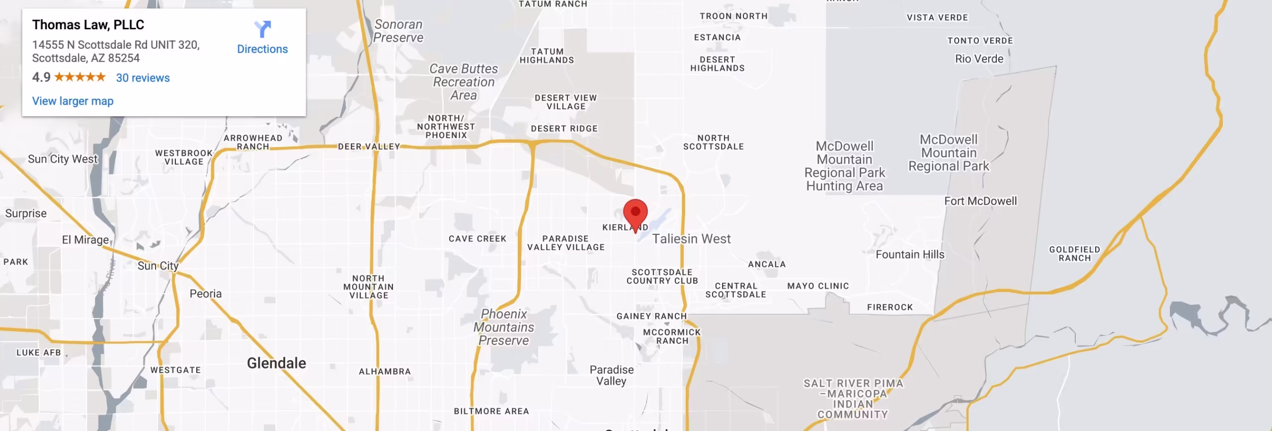 Map showing the location of Thomas Law, PLLC, 14555 N Scottsdale Rd UNIT 320, Scottsdale, AZ 85254
